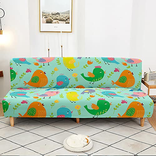 DOTBUY-SHOP Sofabezug Ohne Armlehnen, Stretch Armlose Sofabettüberzug, Weich Antirutsch Spandex 3D Blumen-Vogeldruck Sofa Schutz Schonbezug für Klappsofa Bett (120-150cm,hellgrün)