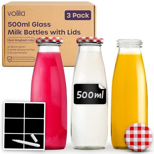 volila Glass Milk Bottles with Lids - 3 Pack x 500ml Glass Bottles with Lids, Labels, and Pen - Reusable Milk Bottle for Juices, Dressings, Sauces, Beverages, Decoration and Storage (Red Gingham Lid)