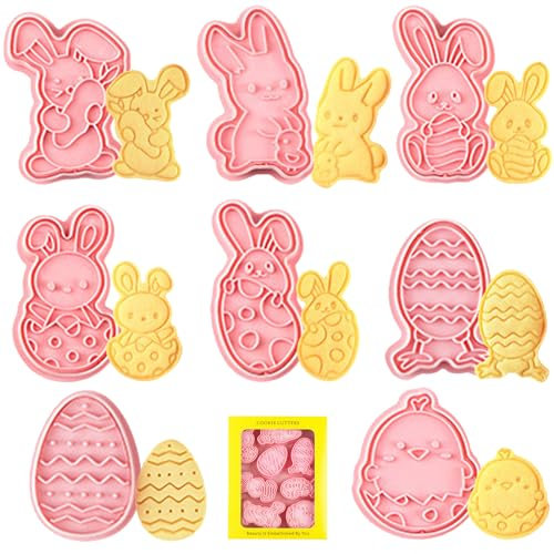 Osterhasen Ausstecher Set, 8 Stück 3D Plastik Oster Hasen und Osterei Ausstechformen, Keksausstecher Ostern, Hase Plätzchen Ausstecher, Plätzchen Hasen Ausstecher für Ostern Backen DIY