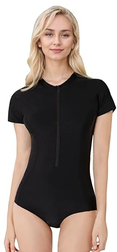 BEACHKINI Swimwear Maillot de Bain Une Pièce pour Femmes Maillot de Bain à Manches Courtes avec Fermeture éclair sur Le Devant Maillot de Bain Rriangle,90 Noir,XS