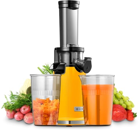 Entsafter AOBOSI-Mini slow juicer mit Rückwärts-Kau-Funktion-saftpresse elektrisch mit Bürste und 2 Tassen- Multifunktions obstpresse-elektrische Fruchtpresse (Gelb, 45MM)