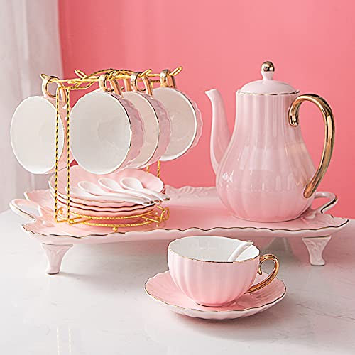 DDNGEJ Juegos de té de Porcelana, Juego de Tazas y platillos de café, Juegos de té de la Tarde con Soporte de Metal para el hogar