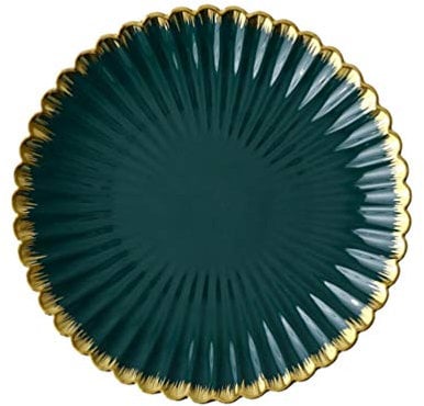 Ensembles d'assiettes de service à dîner en porcelaine bord doré plat de chrysanthème créatif rétro assiettes en céramique vert foncé taille 8 pouces