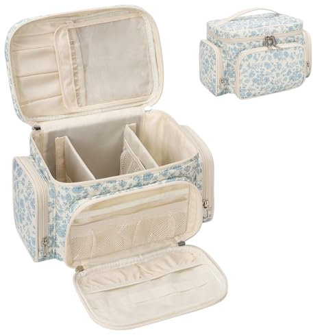 Kosmetiktasche Groß, Reise Make Up Tasche Damen Schminktasche mit Pinselhalter Fach, Portable Makeup Bag Organizer (Blaue Blume)