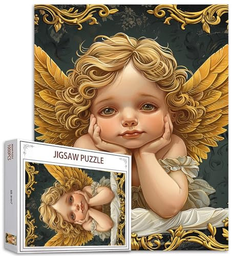 Tucocoo Niedliche Engel-Puzzles für Erwachsene, 1000 Teile, kleines Mädchen-Porträt mit goldenen Flügeln, Kunst-Puzzle, buntes DIY-Bastelpuzzles für Heimdekoration, Geschenke, Familienpuzzle, perfekt
