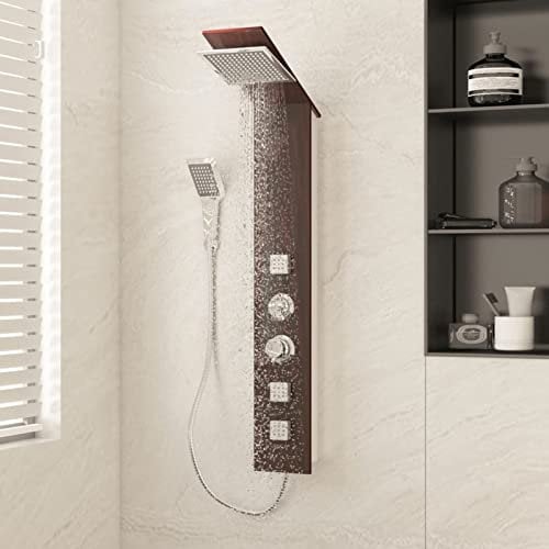 Brokky Pannello Doccia in Vetro Marrone-Colonna Doccia Idromassaggio con Miscelatore, Pannello Doccia Acciaio Inox Funzioni, Doccia Soffione Colonna per Bagno