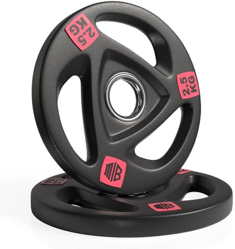 ManiBoom Discos Pesas Hierro ENGOMADO 30mm y 50mm Olimpica de Diámetro con Anillo Interior de Acero y Triple Agarre ERGONOMICO - Disco para Barra o Mancuernas de 2,5kg, 5kg, 10kg, 15kg, 20kg