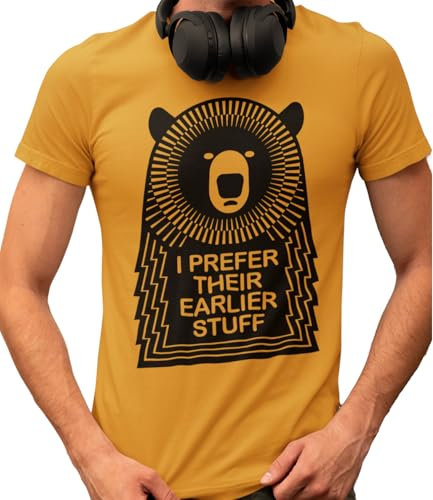 The Muso Bear T-Shirt - I Prefer Their Earlier Stuff Band Shirt - Hand Screen Printed Design on Organic Cotton - 90s Fashion & Music t-Shirts for Men - Festival Essentials XXL Mustard