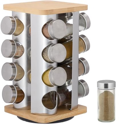 Relaxdays Portaspezie da Cucina, 16 Barattoli per Spezie, Girevole, 28x20x20 cm, Acciaio, Vetro, bambù Naturale, Argento, Inox