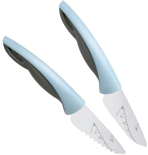 Kindermesser 2-teiliges Küchenmesser-Set zum Schneiden Krokodil, Edelstahl, Perfekte Geschenke für Weinachten Geburtstag, Kinder Messer ab 2 jahre (Blau Haie)