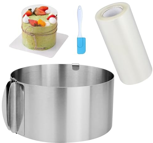 Anneau à gâteau réglable, moule circulaire pour gâteaux et extensible, moule rond 16-30 cm et 1 pcs collier à gâteau transparent 10 m acétate pour pâtisserie pour gâteaux mousse avec 1 racloir à