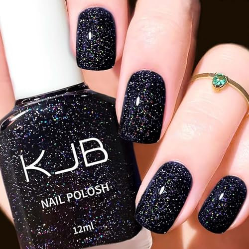 Black Sparkle Nail Polish - 12ml Quick-Dry, High-Gloss Varnish - Glittery, Shiny Oil-Based Formula - Create DIY Nail Art at Home