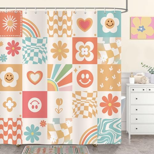 Bonhause Rideau de Douche Rétro Mignon Fleurs Abstrait Groovy 70s Tissu Polyester Anti Moisissure Imperméable Lavable Rideau Salle de Bain 180 x 180 cm avec 12 Crochets pour Baignoire