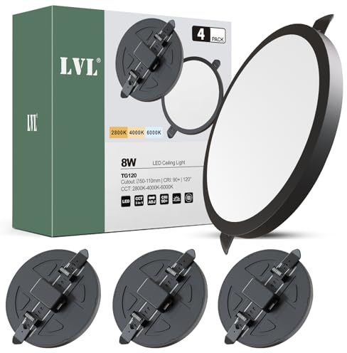LVL LED Einbaustrahler Flach 230V 8W nicht dimmbar 3000K/4000K/6000K Rund Lochdurchmesser 50-110mm Einbauleuchten für Badezimmer Küche (Schwarz, 4 Stück)