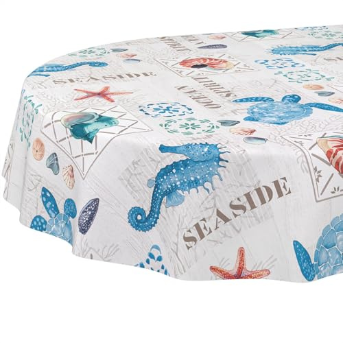 ANRO Wachstuchtischdecke Wachstischdecke Wachstuch Tischdecke abwaschbar Gartentischdecke Wasserabweisend Oval 220x140cm Schnittkante Ozean