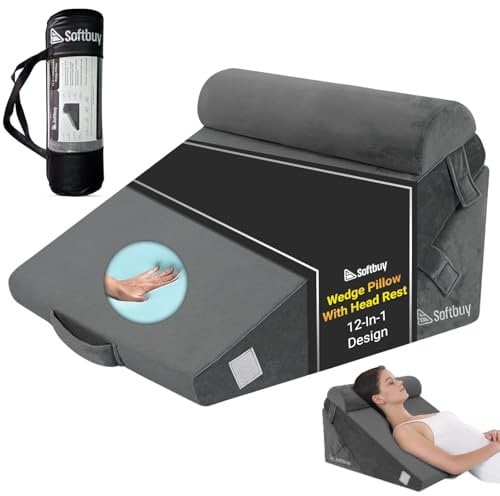 SoftBuy Orthopaedic 12 in 1 Bed Wedge Pillow with Head Rest – Convertible Gel Memory Foam Wedge Pillow Support Cushion – Ideal for Reading, Sitting, Acid Reflux, Back, Leg Pain & GERD – Washable Cover