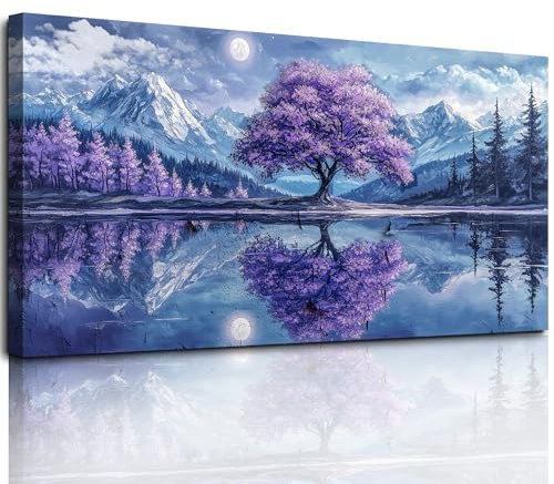 hyidecorart Tableau Decoration Murale Salon Grand, 73x146 cm XXL Impression sur Toile, Cadre Decoration Murale Arbres Violets Montagnes Enneigées, Moderne Décoration de Chambre Salle De Bain Bureau