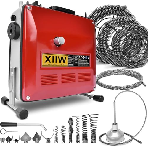 Rohrreinigungsmaschine 850W mit 22m Ø16mm,14m Ø22mm, 5m Ø10mm Spirale | mit 12 Köpfe, 450U/M, für Ø20-200mm Rohrleitungen, Rohrreinigungsgerät Elektrische Rohrreiniger Reinigung Abflussreiniger