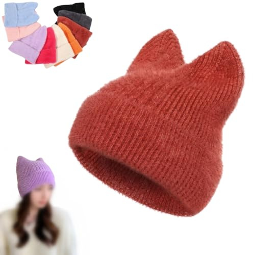 LIBIQI Winter Cute cat Ear Wool Trendy Beanie Hats for Women and Men Soft Warm Cashmere Knit hat Ladies Skull Beanies Cap Slouchy Crochet Hat Animal Beanie (Brick Red,One Size)