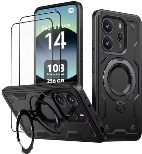 KANSi Hülle für Xiaomi Redmi Note 14 / Redmi Note 14 4G (Nicht 5G) mit Schutzglas*2, Militär Handyhülle Ständer Stoßfest Gehäuse mit Metallring Ringhalterung - Panzerhülle Schwarz
