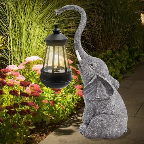 Surplex Ornements d'éléphant avec lanternes solaires, figurine d'éléphant d'extérieur avec lumière LED à énergie solaire résistante aux intempéries pour terrasse, jardin, balcon, cour, cadeau