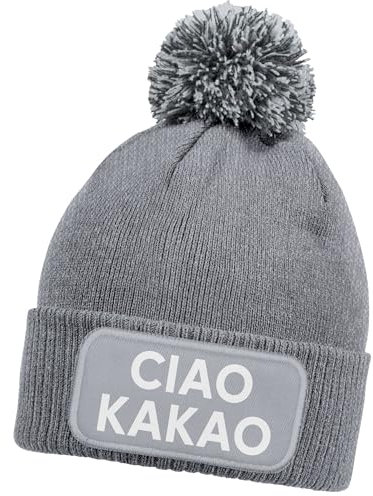 MoonWorks® Herren Beanie Patch Strickmütze mit Bommel Spruch Ciao Kakao Aufdruck Lustig Mütze Männer Grau Unisize