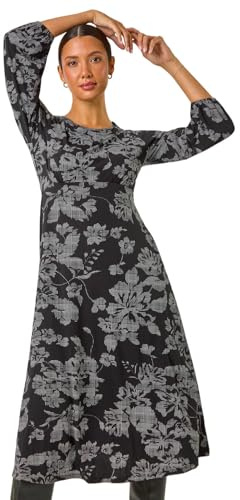 Roman Originals Women Gathered Chest Dress Ladies Stretchy Fit & Flare Swing Tea A Line Skater Knee Length Long Sleeve Midi Smart Casual Work Going Out Cocktail Party - Noir Floral - Size 16