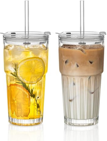 INSETLAN 600ml/16oz Iced Coffee Cup, 2 Pack Glass Tumbler with Lids and Glass Straws, Leakproof Smoothie Cup for Iced Coffee, Smoothies, Matcha, Tea, Juice, Ideal for Home and Outdoor Use