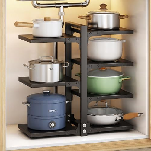 ZxrFxr 7 Tier Adjustable Pan Organiser for Cupboard: Pots and Pans Organiser Rack Height Adjustable Pan Stand Storage Multiple Use Modes Saucepan Stand for Kitchen Counter and Cabinet