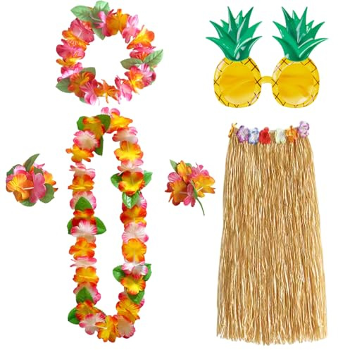 TUONYIS Lot de 6 décorations de fête hawaïennes, collier de fleurs, bracelets, bandeau, lunettes d'ananas, jupe hawaïenne, déguisement pour adultes, fête de plage, bar de nuit