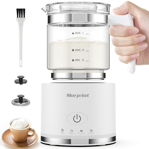Morpilot Montalatte elettrico, 130 – 500 ml, 600 W, montalatte 4 in 1, lavabile in lavastoviglie, vetro visivo, design latte, bianco