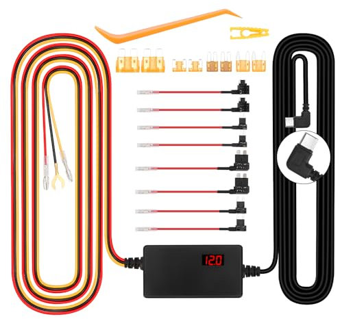 WODHMIEY Dash Cam Hardwire Kit 12V-24V to 5V 3A with Voltage Display, Adjustable Converter, 24H Parking, Battery Drain Safeguards, Type-C, Delay Start & Stop, Overcurrent & Overvoltage Safeguards