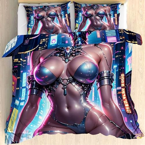 Maohryzed Sexy Anime-Mädchen Bettwäsche 135x200 cm mit Einem Kissenbezug 80x80 cm - Neon-Cyberpunk Bettbezug Wendebettwäsche 135 x 200 - Bettwäsche-Set mit Reißverschluss 2 Teilig