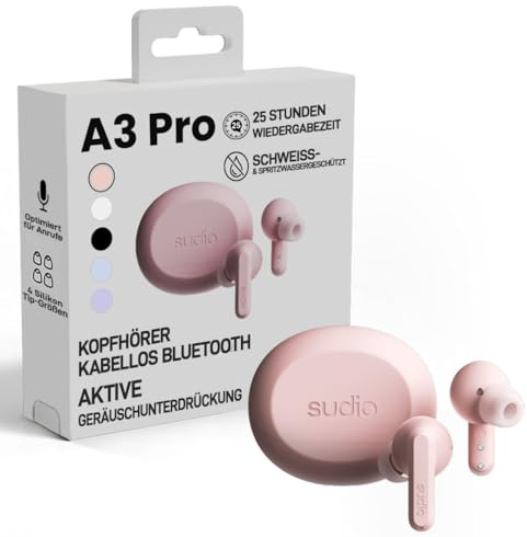 sudio A3 Pro True Wireless Kopfhörer Kabellos Bluetooth | Noise Cancelling In Ear Kopfhörer Bluetooth 5.4 | Aktive Geräuschunterdrückung | 25h Spielzeit | USB-C Ladecase | Rosa.
