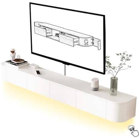 HYANXUE Lowboard hängend, Schwebender TV-Ständer Aus Massivholz,Mit Lichtern, Türen und Schubladen Moderne Entertainment-Medienkonsole (Weiß, 160 cm)