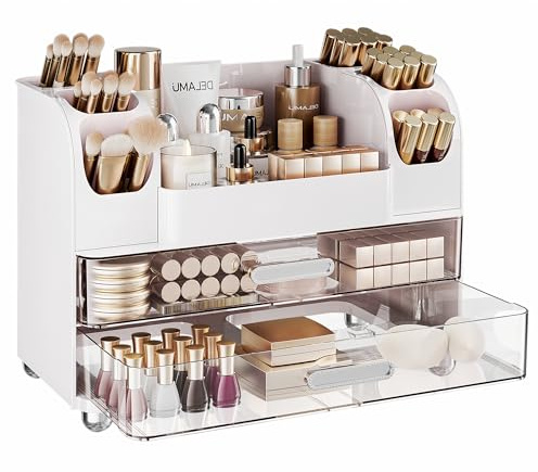 Delamu Large Makeup Organizer Countertop with 6 Brush Holders, Makeup Organizers for Vanity with 2 Large Drawers, Easy to Store Skincare, Lipsticks, Nail Polishes, Perfumes, Eyeshadow Palettes, White