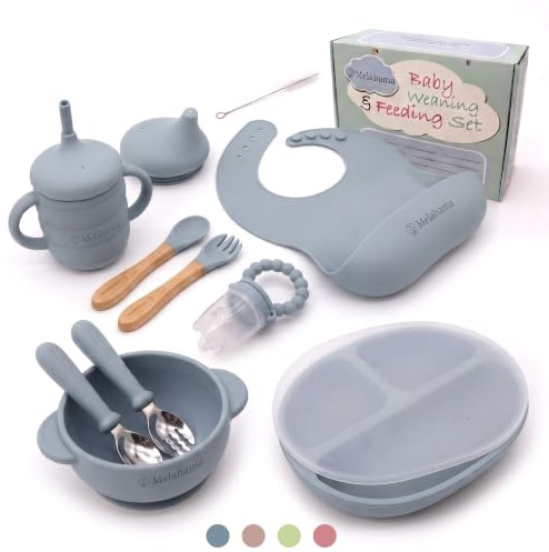 Baby Led Weaning Set 11 Pcs | BPA Free Silicone, Suction Plate with Lid, Suction Bowl, Adjustable Bib, 3-in-1 Sippy Cup, Fruit Feeder, Stainless Steel & Wooden Handle Spoons and Forks - Gift Ready