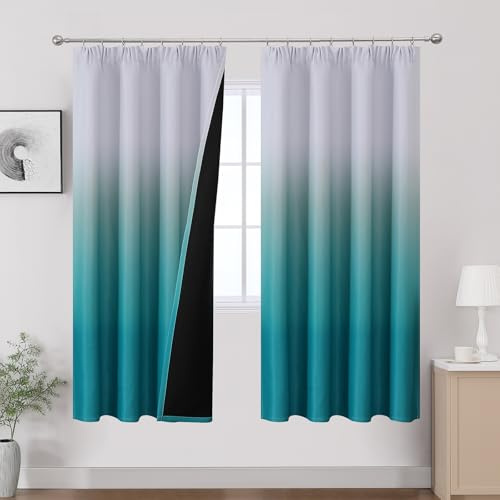VEHEDE Ombre Teal und Weiß Kräuselband Vorhang, 183cm lang Thermovorhang Schienen Blackout Vorhänge für Wohnzimmer, Gradient 2er Set Gardinen für Schlafzimmer, H183 x B132 cm