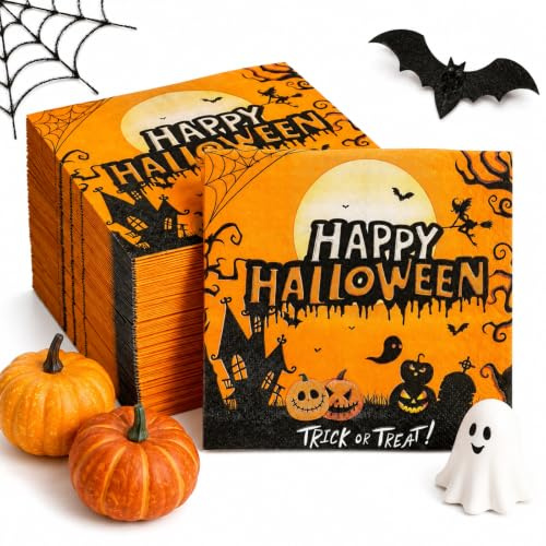 40 Stück Halloween Servietten,33 x 33cm Halloween Tischdeko Cocktail PartyServietten Orange Kürbis Servietten Partyzubehör für Halloween Geburtstag Tischdeko