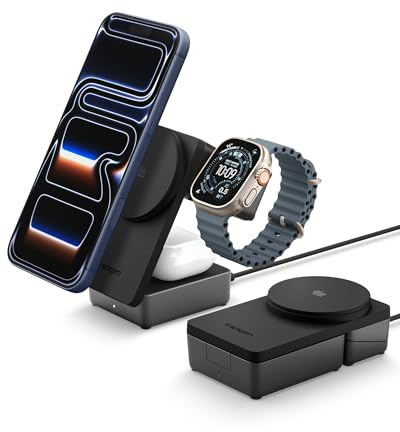 Spigen Essential Qi2.2 25W Caricatore Wireless MagSafe 3-in-1 (Incl. Cavo USB-C 2 m) Stazione di Ricarica per iPhone 17/16/15/14/13/12 Pro Max Air 17e, AirPods 4/3/2, Apple Watch SE