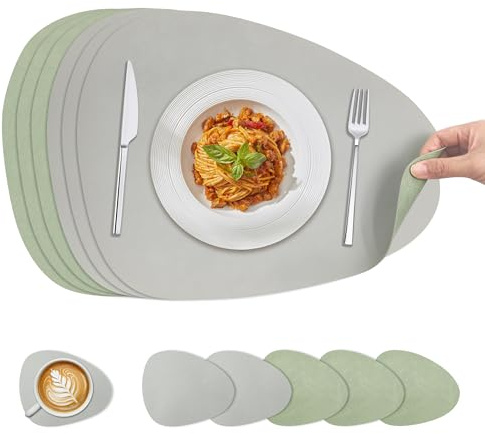 KitchenBoss Tischsets Platzsets Abwaschbar Platzdeckchen, 6 Set Tischset und Untersetzer Doppelseitigen Platzset Für den Einsatz in Küchen, Esszimmern und Büros (Grün + Grau), 40X30cm