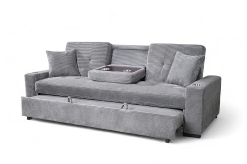 CHARLES Jumbo Cord 3 Seater Pull Out Sofa Bed Double with Cup Holders - Grey Corduroy Click Clack Sofa Bed for Adults in Durable Fabric with Drop Table and Accent Pillows, 184 x 160 Sleeping Area