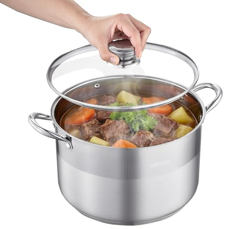 VEVOR Olla de Acero Inoxidable Capacidad de 15,1 L, Olla con Tapa de Vidrio y Asas Diametro de 32 cm, Ligero para Transportar, con Base de 5 Capas, Grande y Resistente, Ideal para Sopas, Guisos