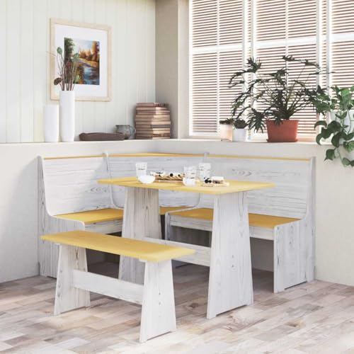 LoogCape Pure 151 cm Solid Pine Wood Corner Bench in Honey Brown and White for Dining Room and Living Room with Backrest, Left or Right Mountable Space Saving Comfortable Robust Modern