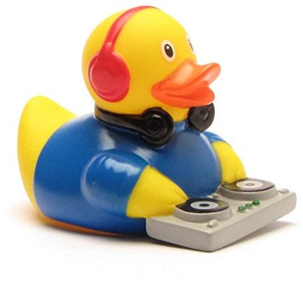 Duckshop I Badeente Discjockey - DJ I Quietscheente I L: 10,5 cm I inkl. Quietscheentchen-Schlüsselanhänger im Set I Geschenk Musik-Liebhaber I Geschenk Party