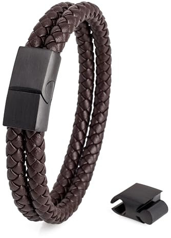 Akitsune Simplicitas Lederarmband | Magnetisch Premium Armschmuck Frauen Herren Geflochten Männer Handgefertigt Armband - Mattschwarz - Braun 20cm