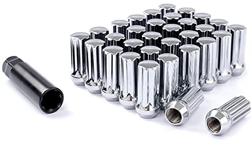 DCVAMOUS 32 Stück 9/16-Zoll-18 Radmuttern, Chrom, 7-Spline, kompatibel mit Dodge 8 Lug Aftermarket-Rädern – 9/16 Radmuttern, 5,1 cm hoher Kegelsitz mit Schlüssel für 1994–2010 RAM-2500 3500 |