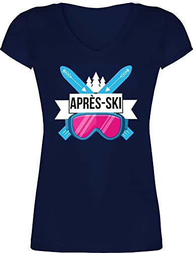 T-Shirt Damen V Ausschnitt - Skiurlaub - Apres Ski mit Brille I Apres Ski Hüttengaudi I Ski Fahren I Wintersport I Apres Ski Liebhaber - L - Dunkelblau - skishirt skishirts Skifahrer après-ski