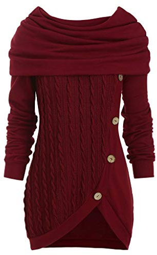 Damen große Einfarbige Nähte Knopf Kragen mit Kapuze unregelmäßig gestrickter Pullover mit Herbstmode Longpullover Foldover Kragen Tunika Shirt Loose Sweatshirt Long Top Oberteile Langarmshirt