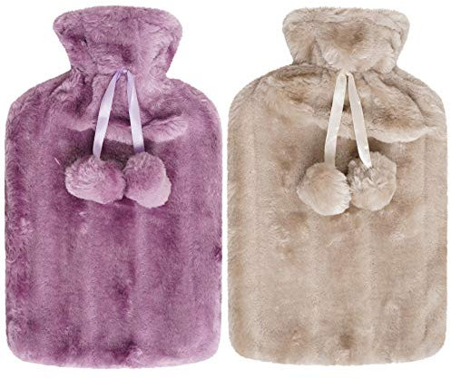 2 x Hot Water Bottles - Luxury Cosy Faux Fur Fleece Cover with Pom Poms - Natural Rubber 2 Litre Capacity - (Mink and Purple)